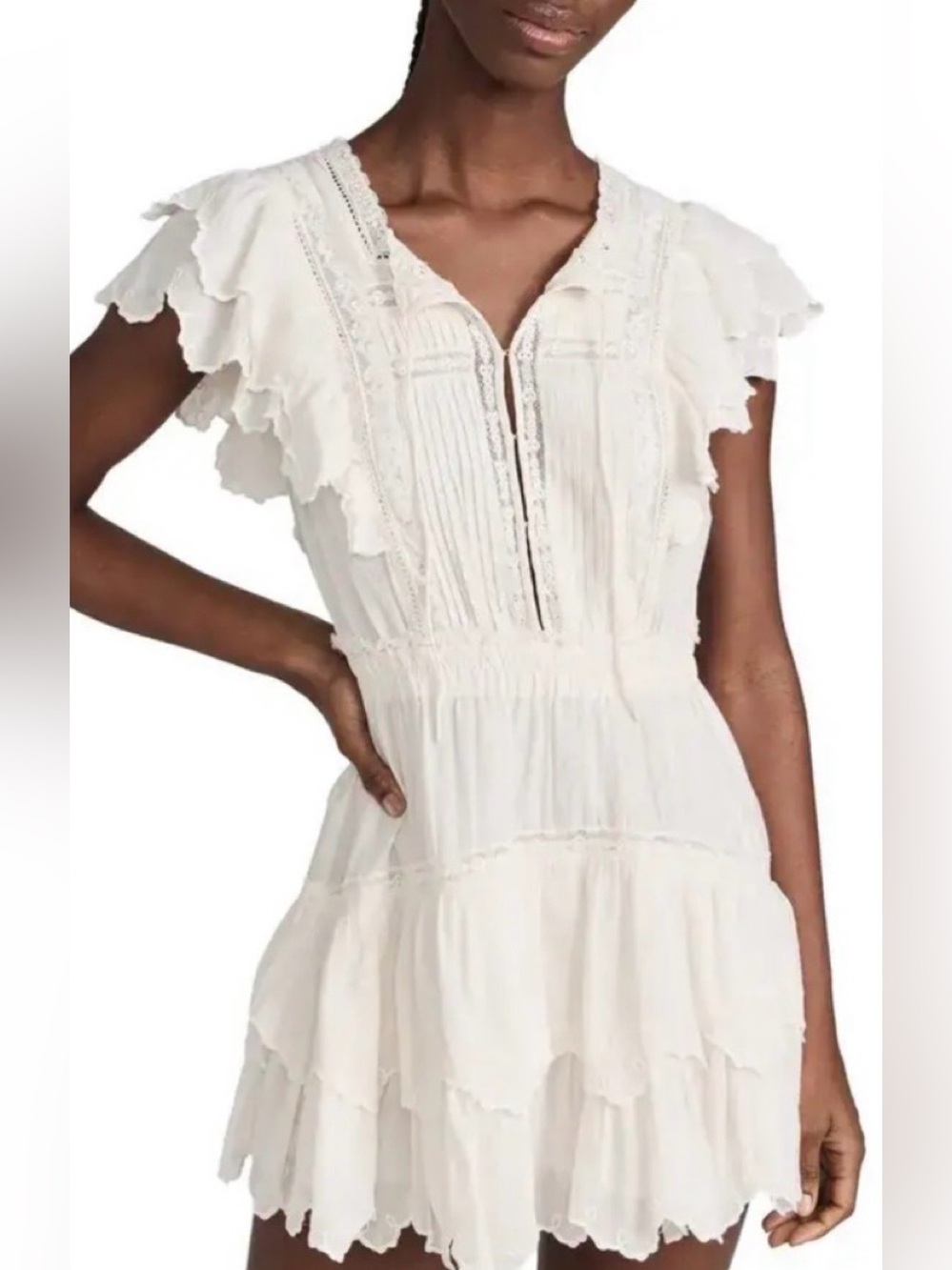 LoveShackFancy Cream Ruffled V-Neck Mini  Dress worn once